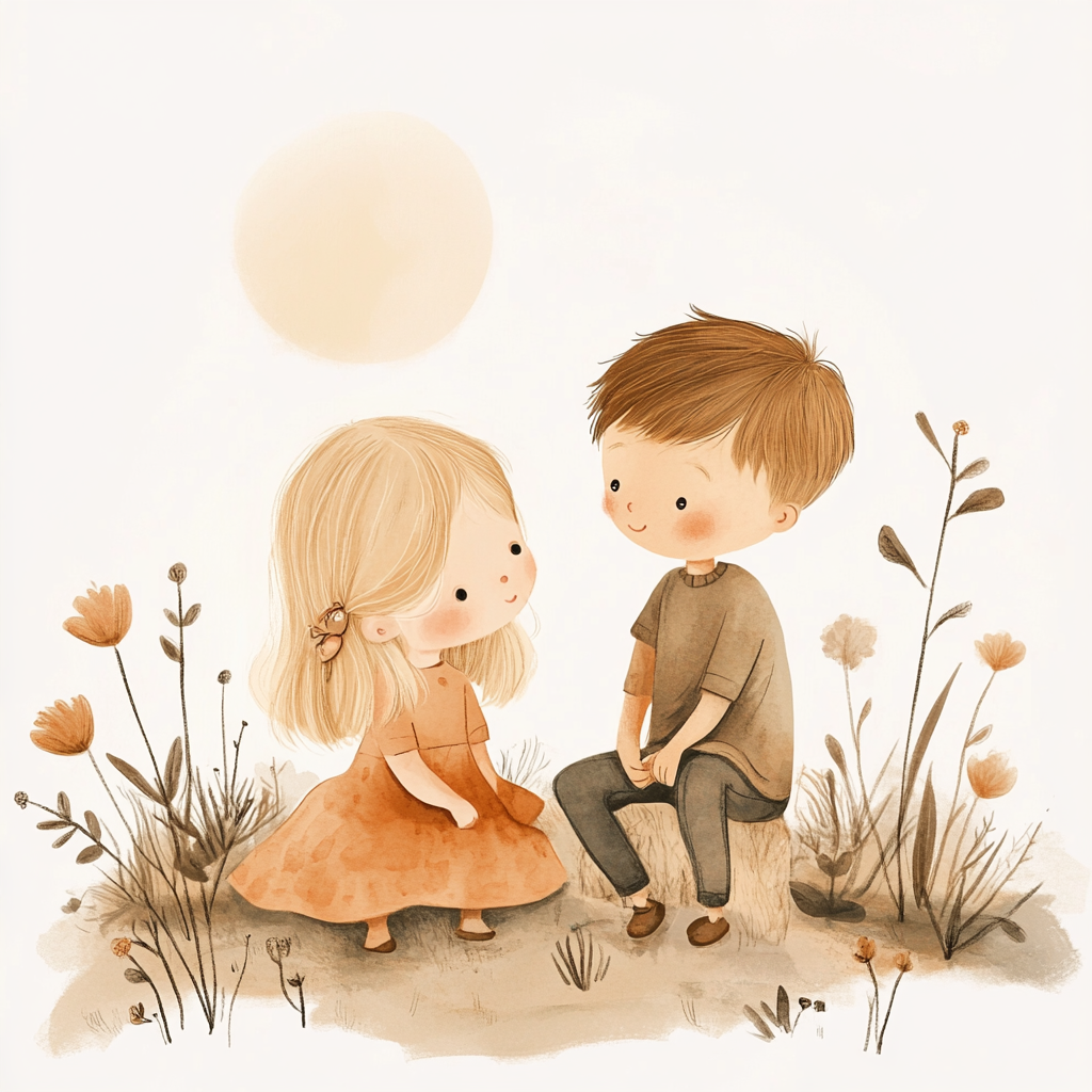 Nursery art of kids at sunset, Jon Klassen style 