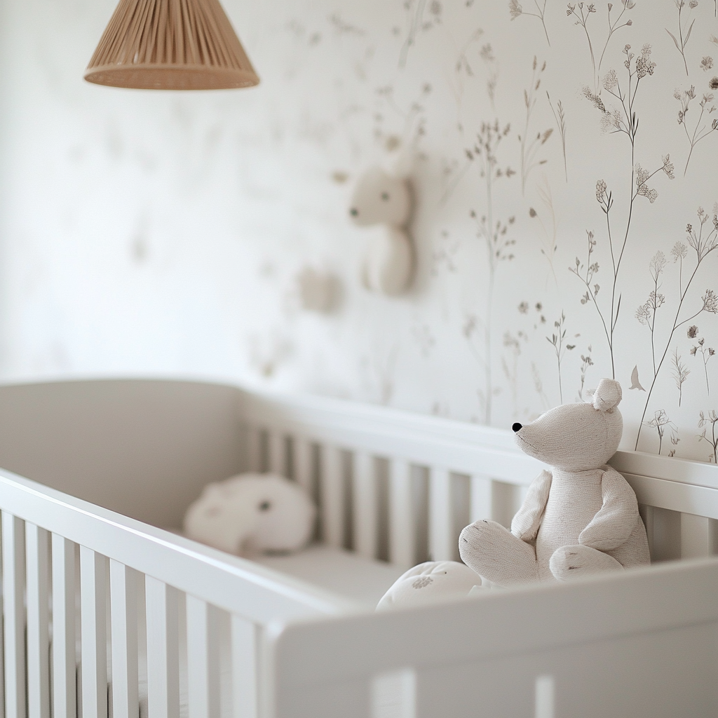 Nursery wall with central wallpaper space, white crib blurred