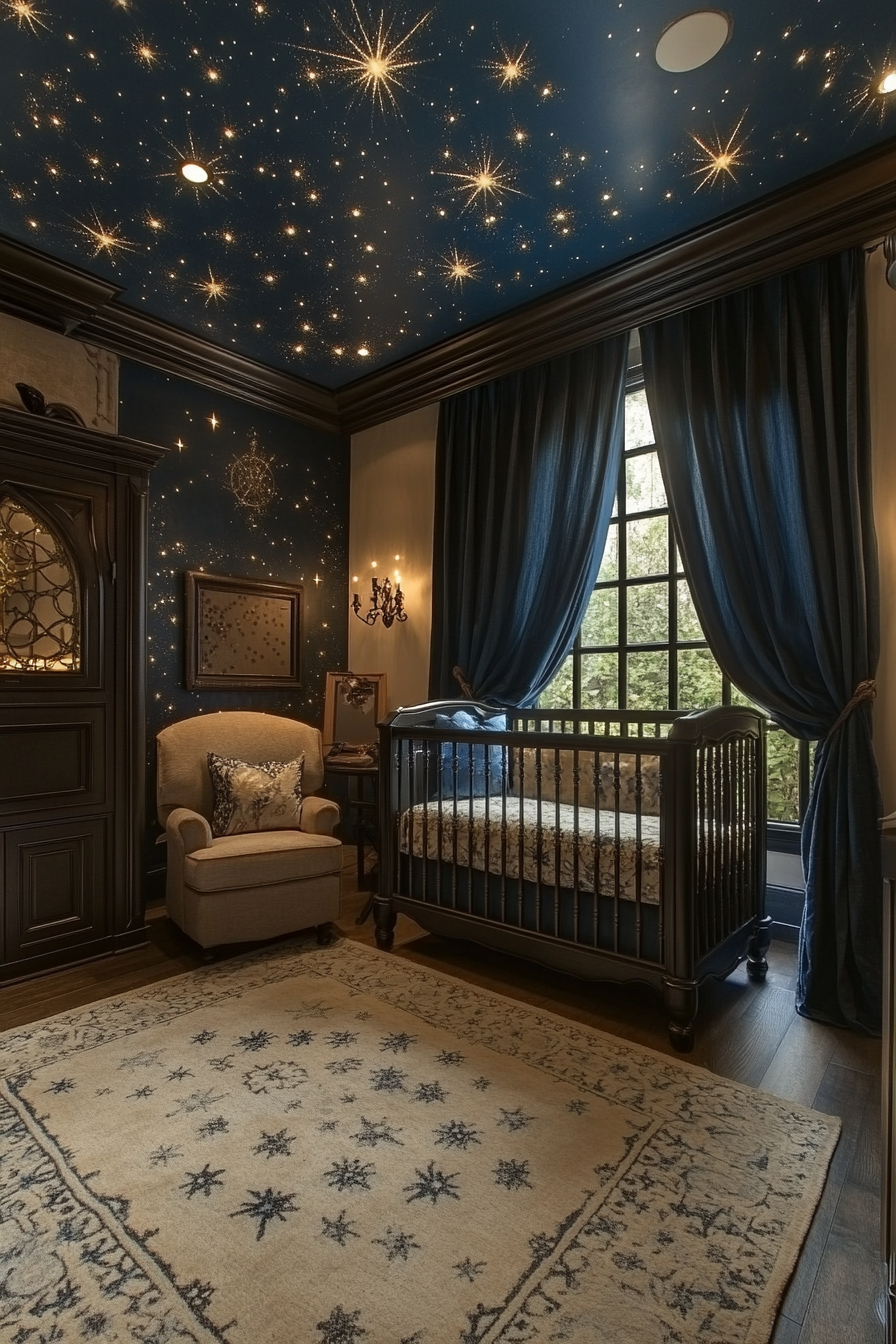 Nursery with celestial mural, dark crib, enchanting decor.