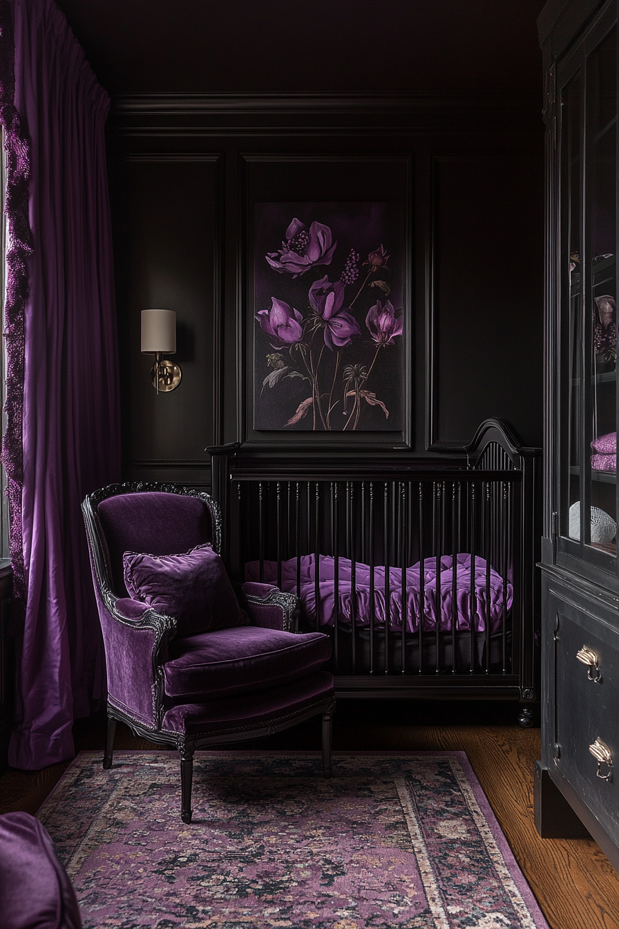 Nursery with deep purples, soft blacks, cozy atmosphere.