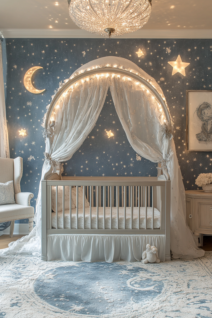 Nursery with moonlit wallpaper, starry rug, crib, gentle lighting.