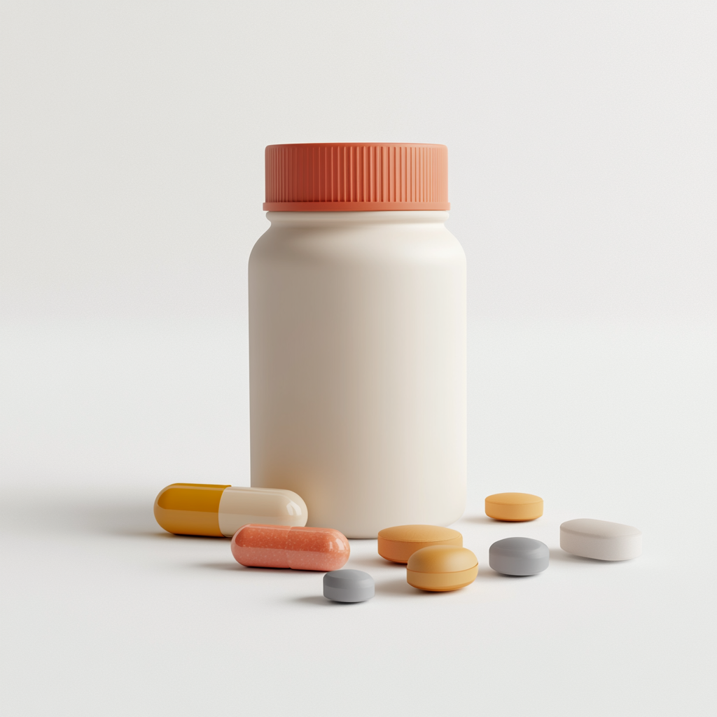 Nutritional supplement bottle with tiny toycore. White background.