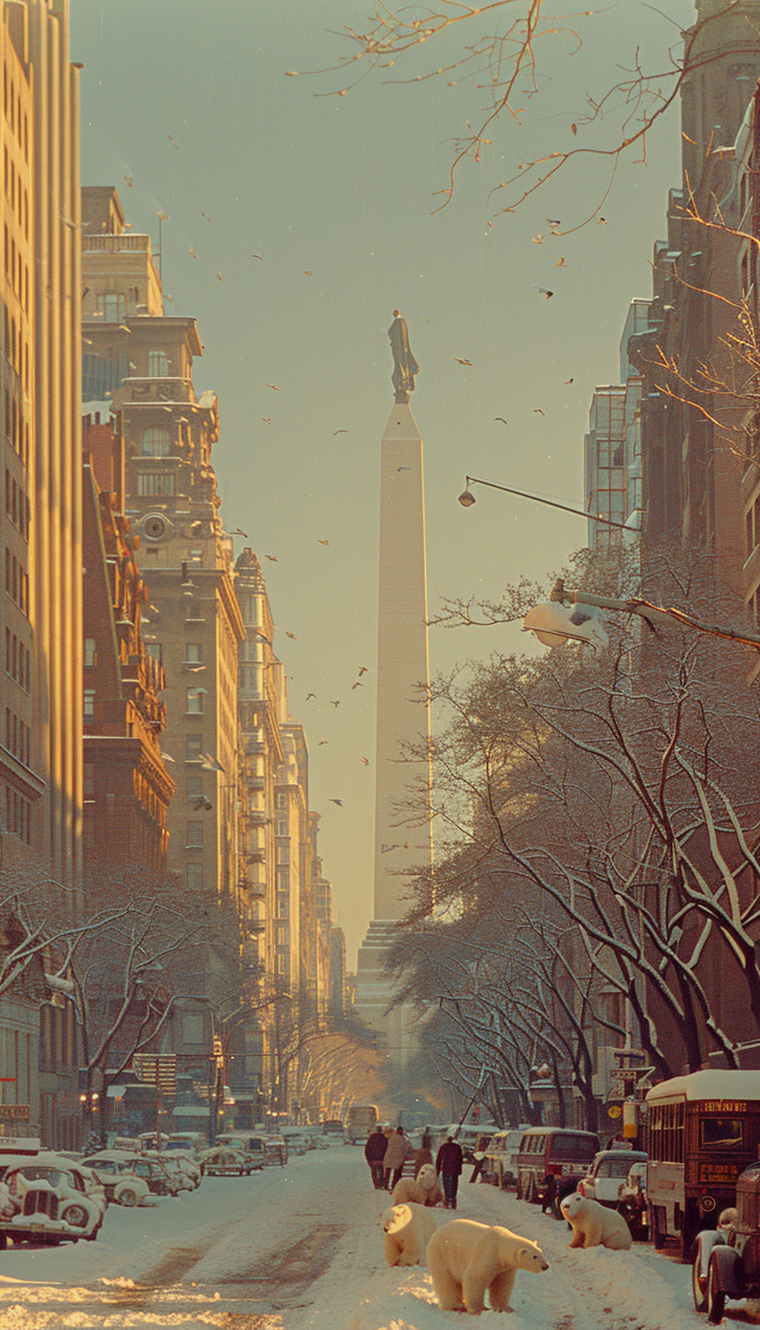 Obelisk of Buenos Aires on Corrientes Avenue, blurred background.