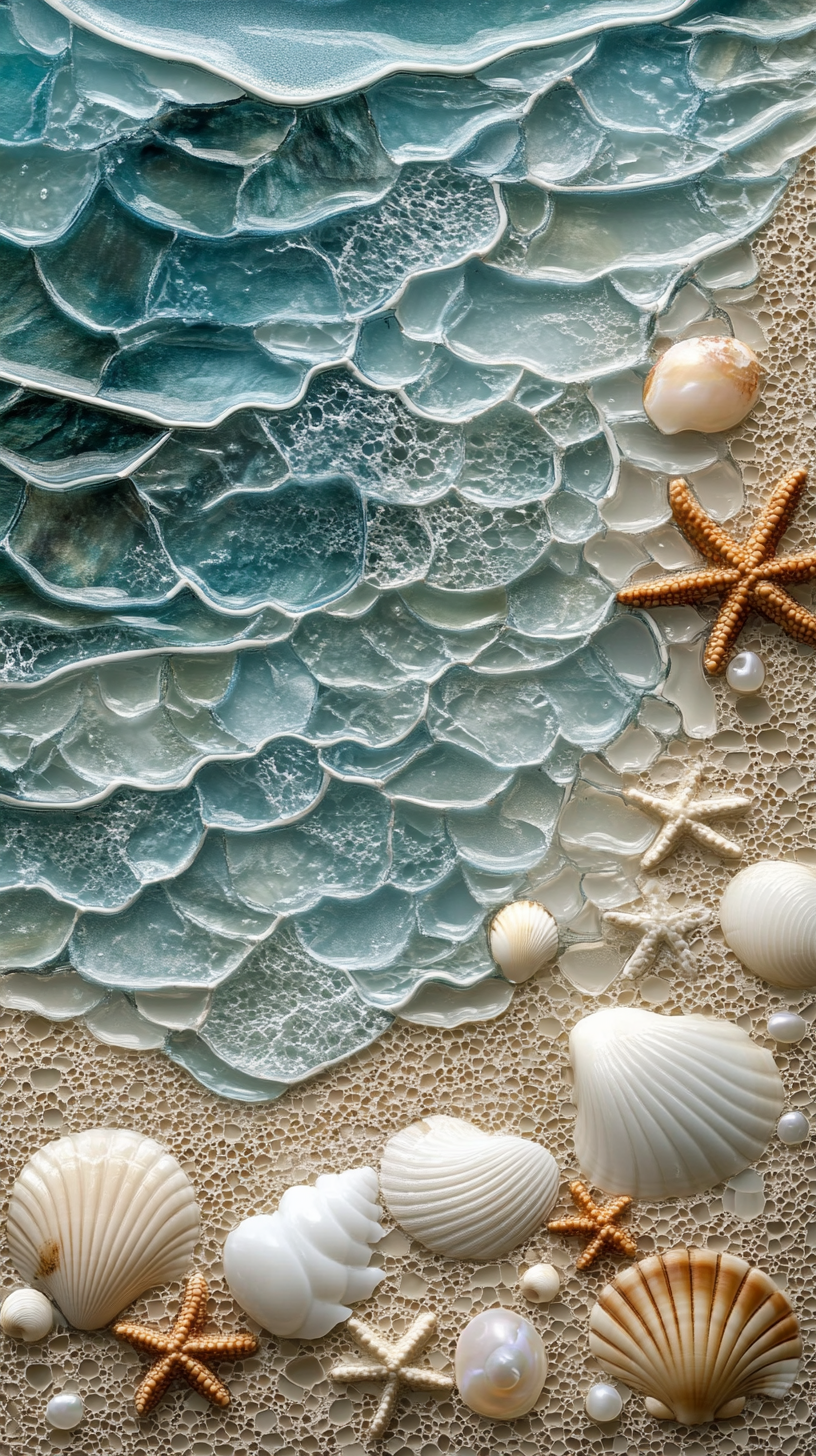 Ocean's edge mosaic depicting sea, sand, shells, starfish