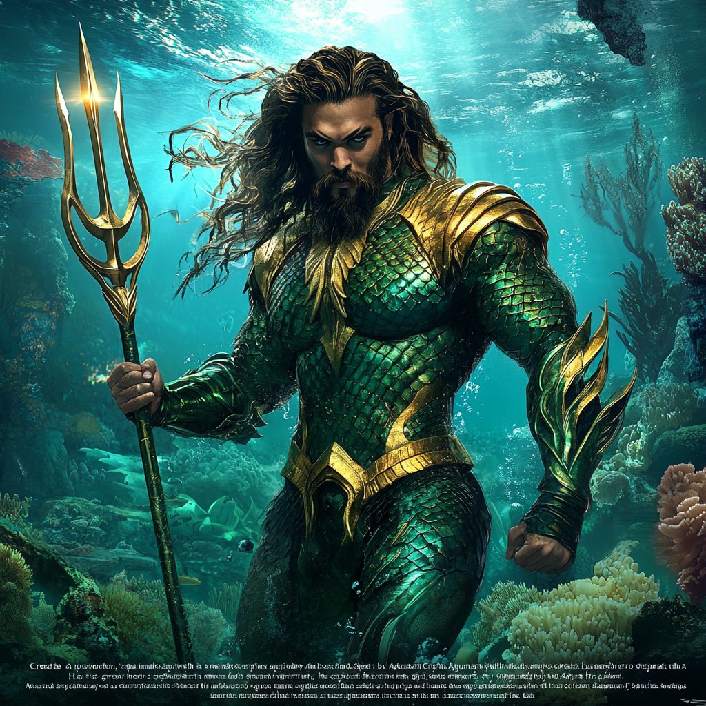 Ocean superhero with trident, surrounded by underwater kingdom dominance.