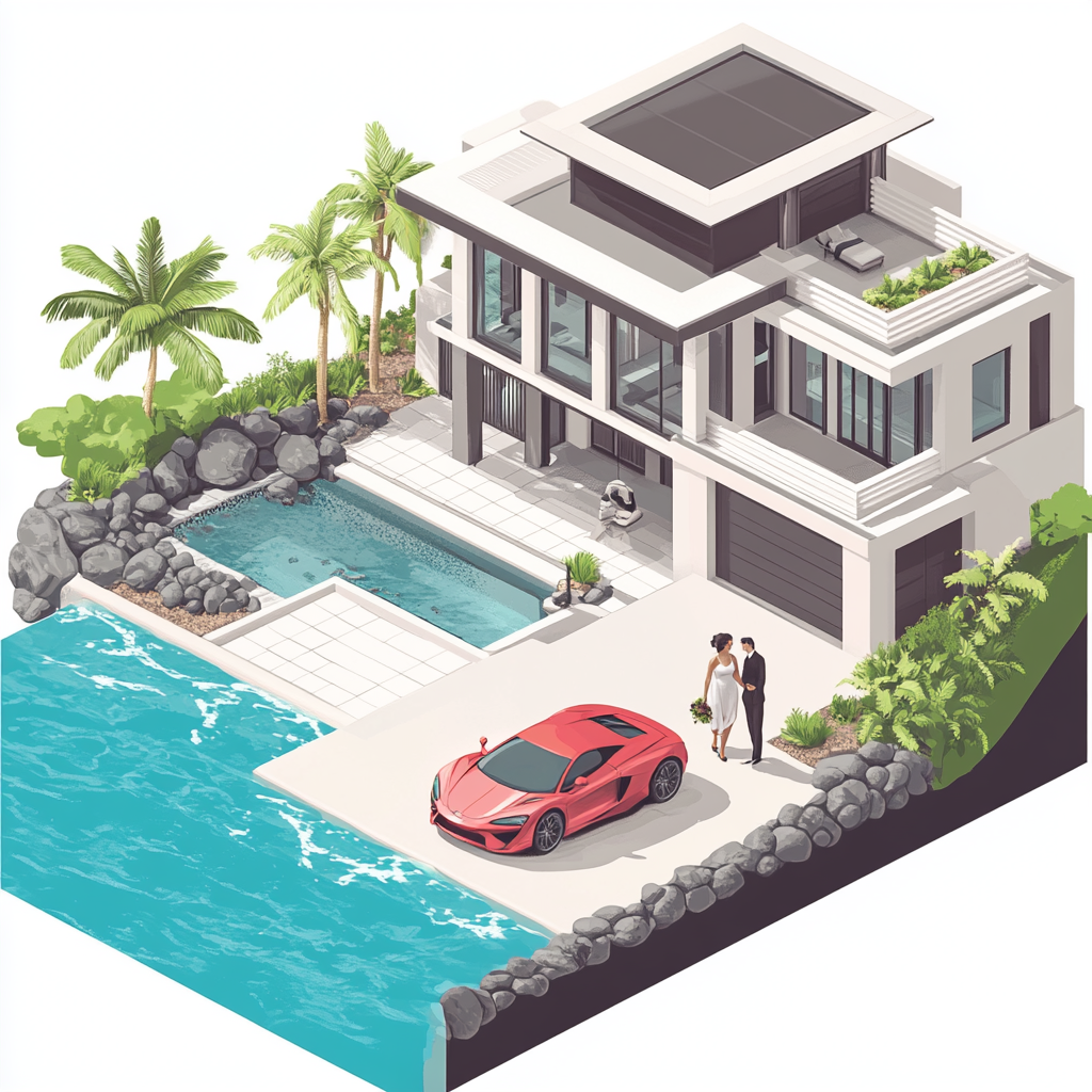 Oceanfront luxury home in Hawaii with supercar and couple.