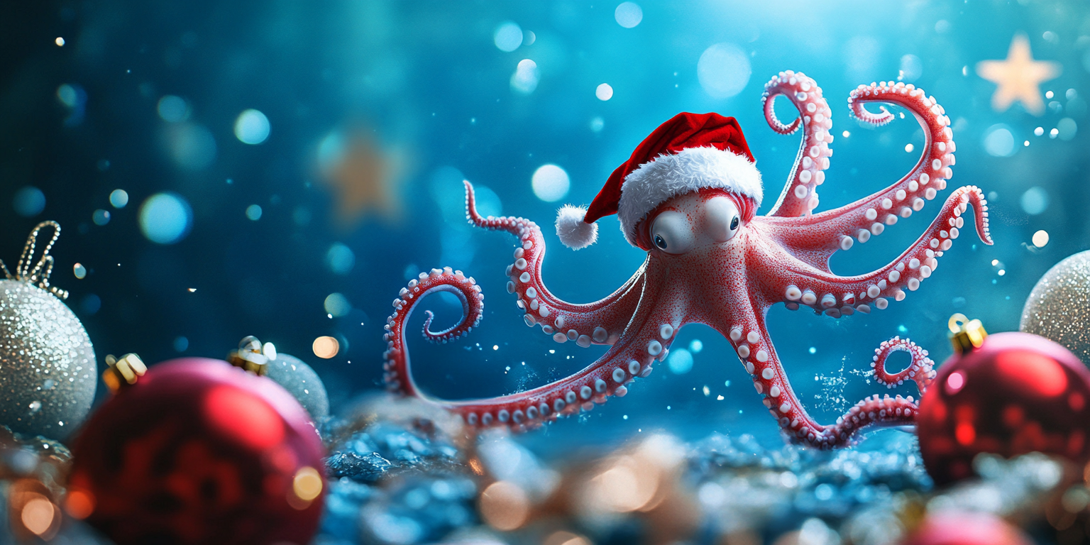 Octopus Santa with Christmas balls in blue water