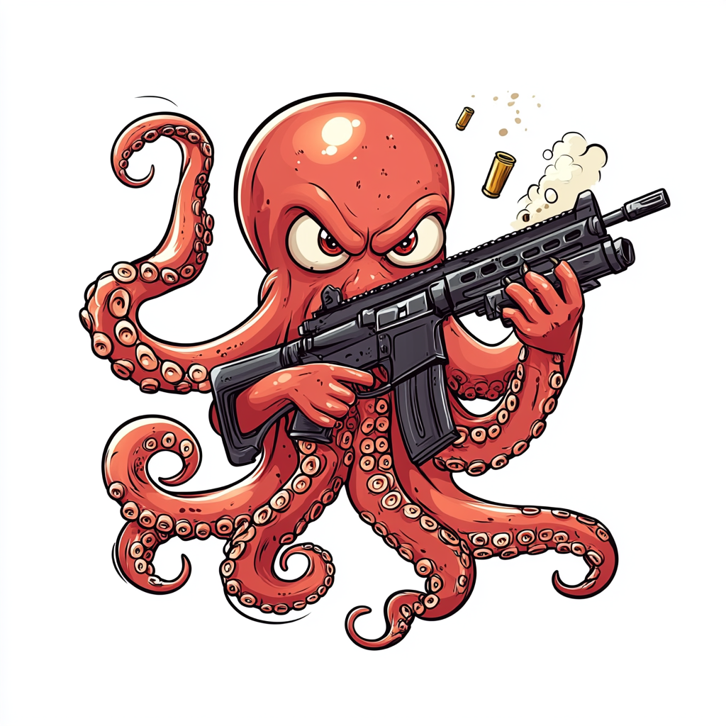 Octopus with gun emojis shooting ink, distracted.