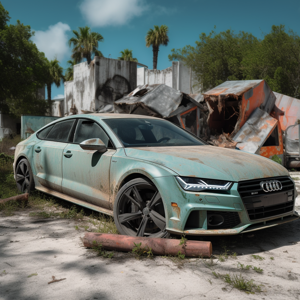 Off road Audi A7 on post apocalyptic Miami Beach.