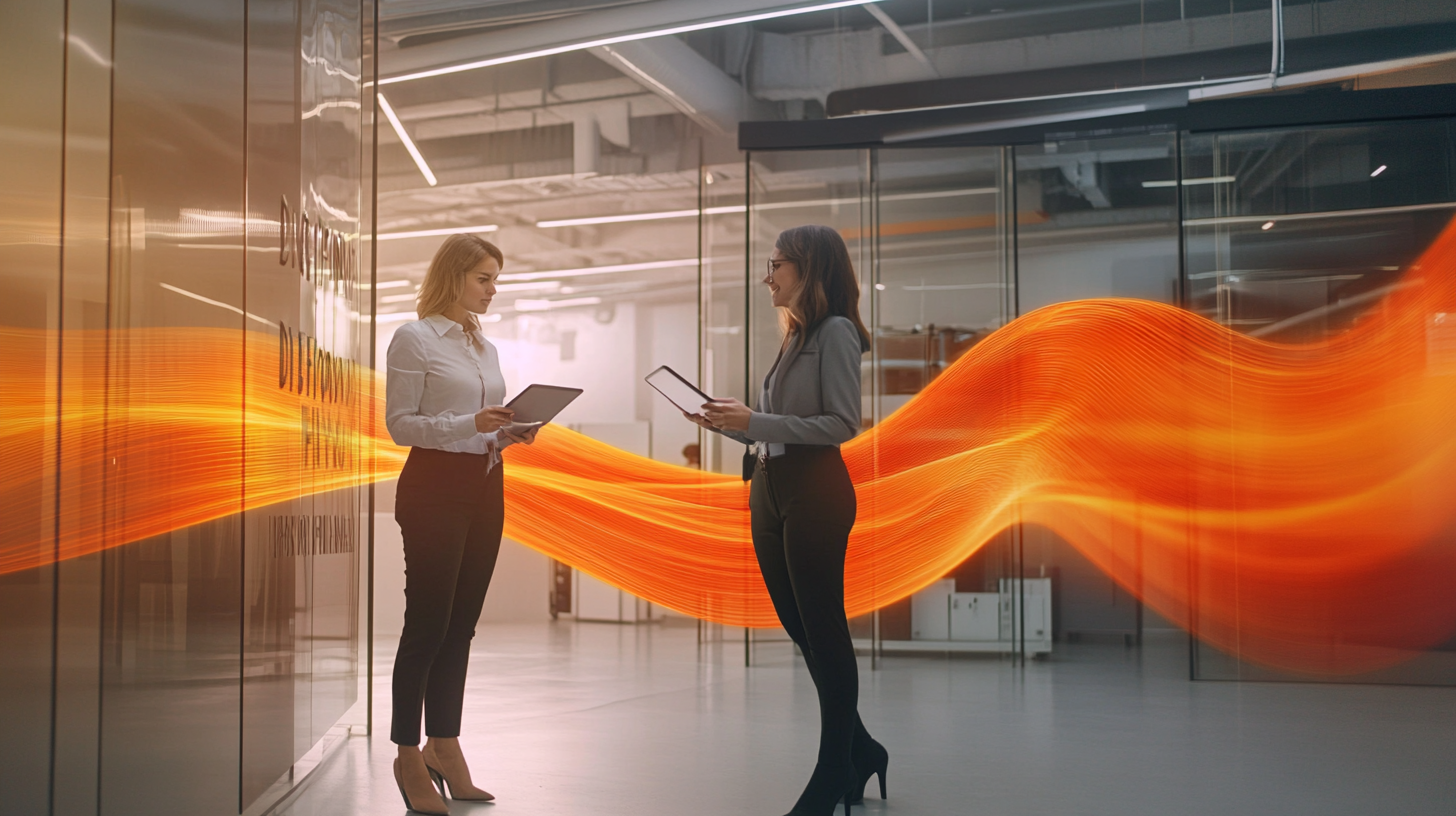 Office Ladies Connecting via Futuristic 'Digiflow' Energy Wave