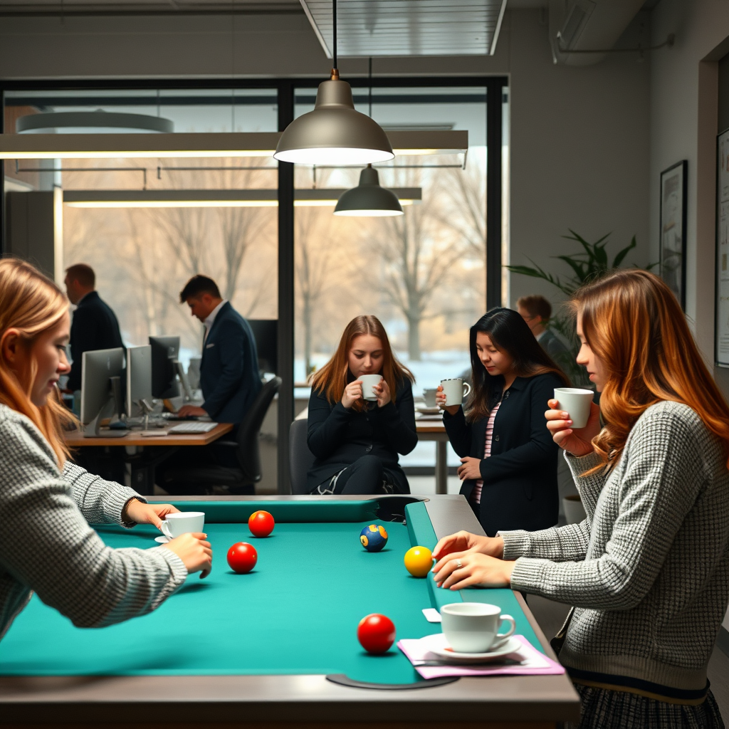 Office Staff Working and Relaxing on Winter Morning