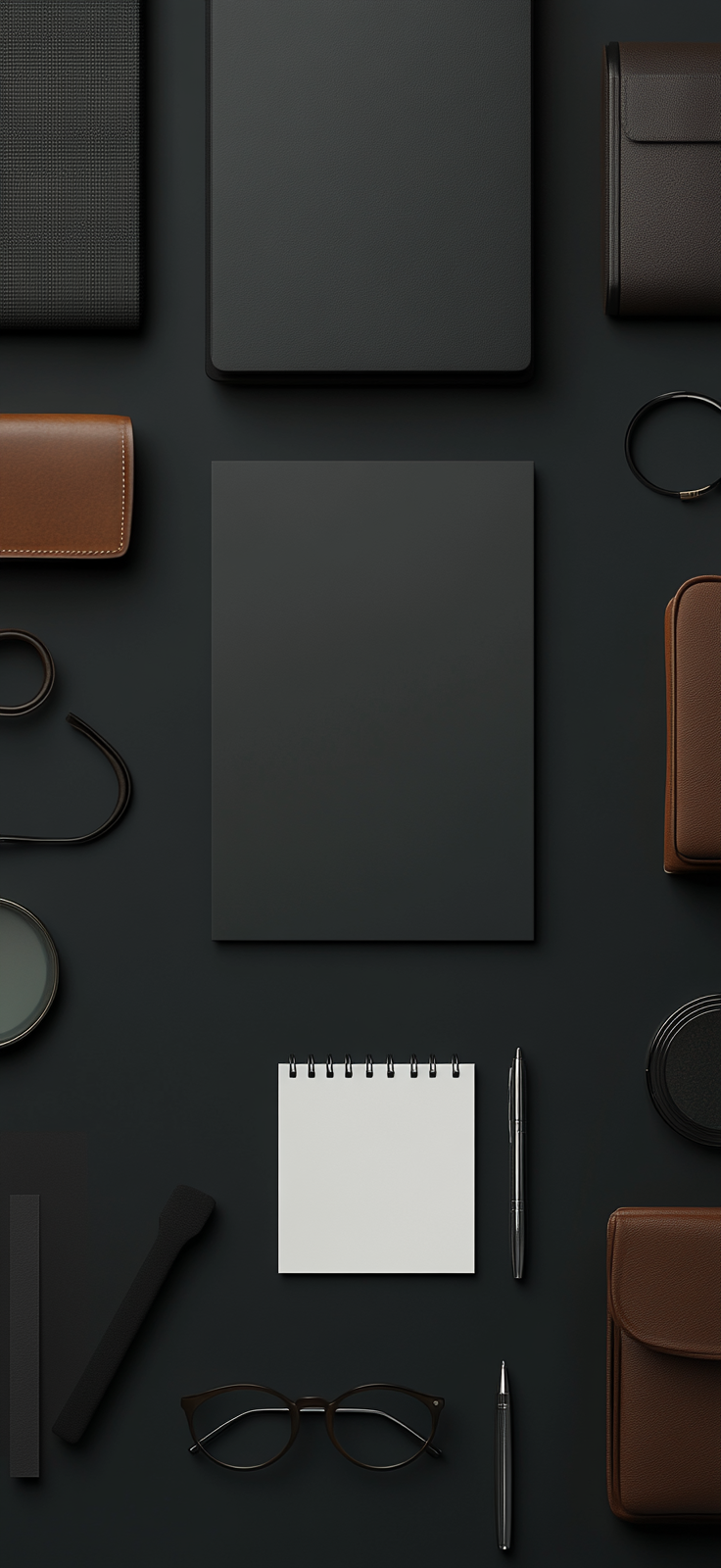 Office Supplies on Dark Gray Background: A Photorealistic Image.