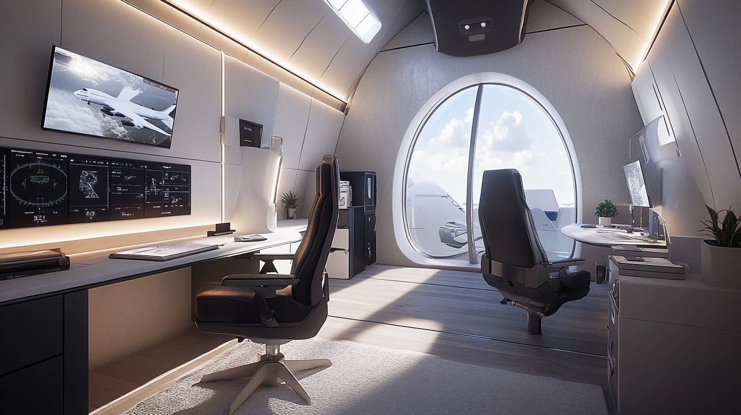 Office doubles as aircraft design studio, offers virtual reality.