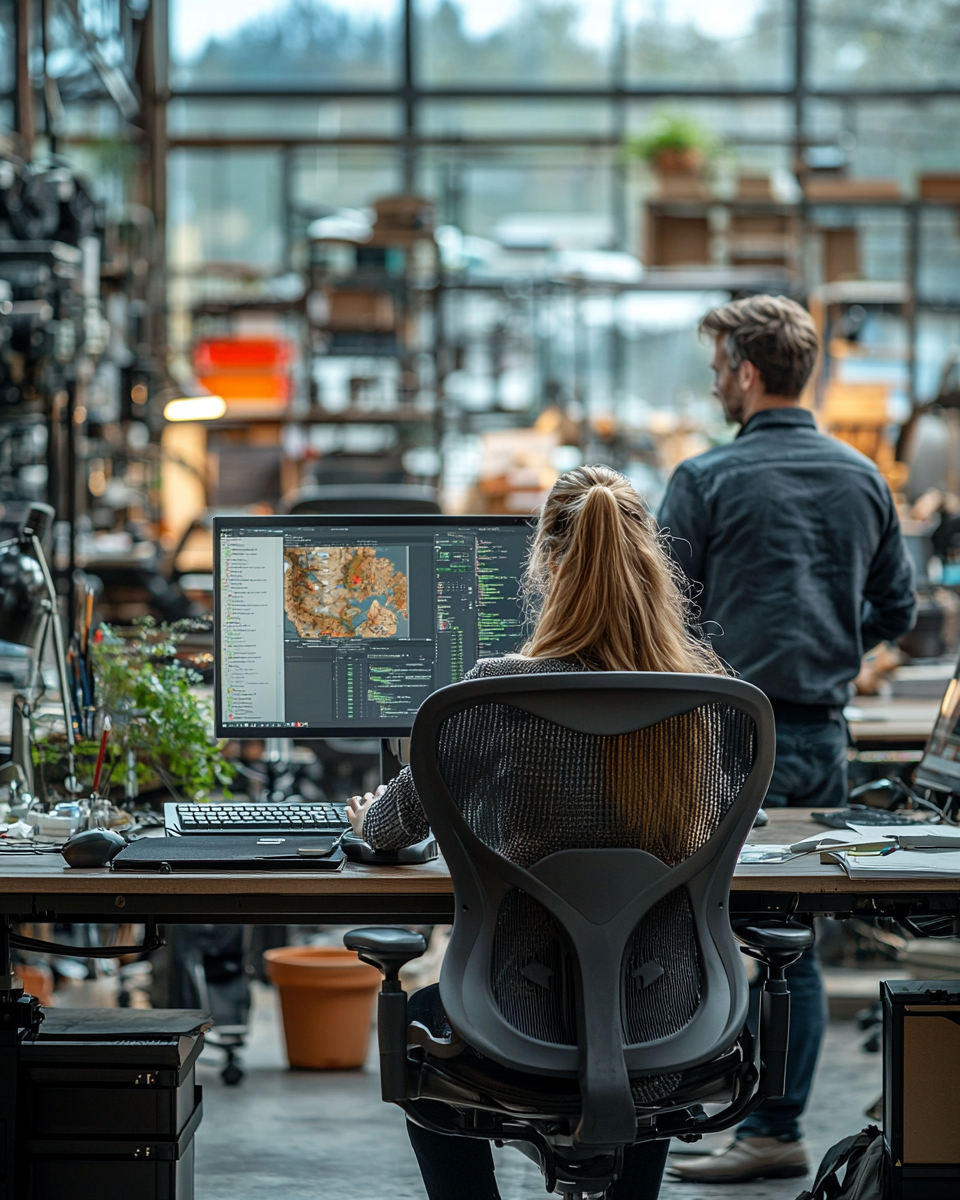 Office professionals working at computers in large office