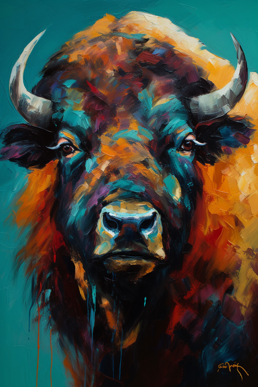 Oil Bison Painting Inspired by Charles G. Sheeler, Textured Canvas Portrait