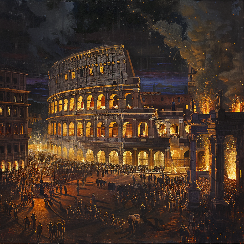 Oil painting Roman Coliseum at night with torches.