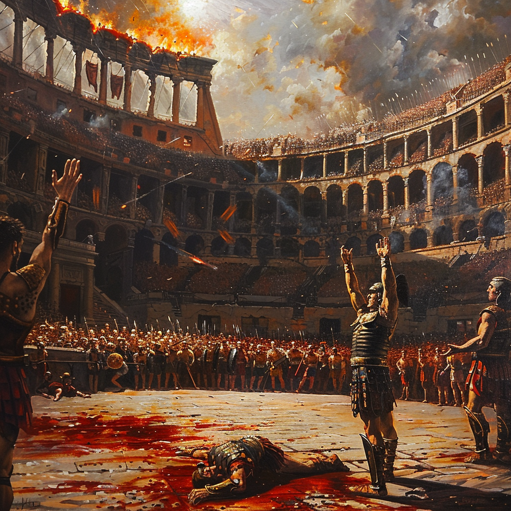 Oil painting of Coliseum crowd deciding fate of gladiator.