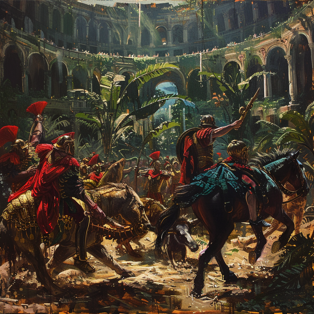 Oil painting of Roman Coliseum venatione event hunters.