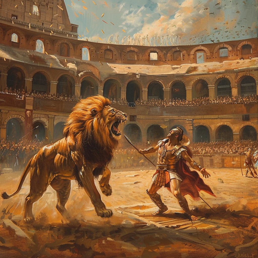 Oil painting of Roman Coliseum venatione with lion.