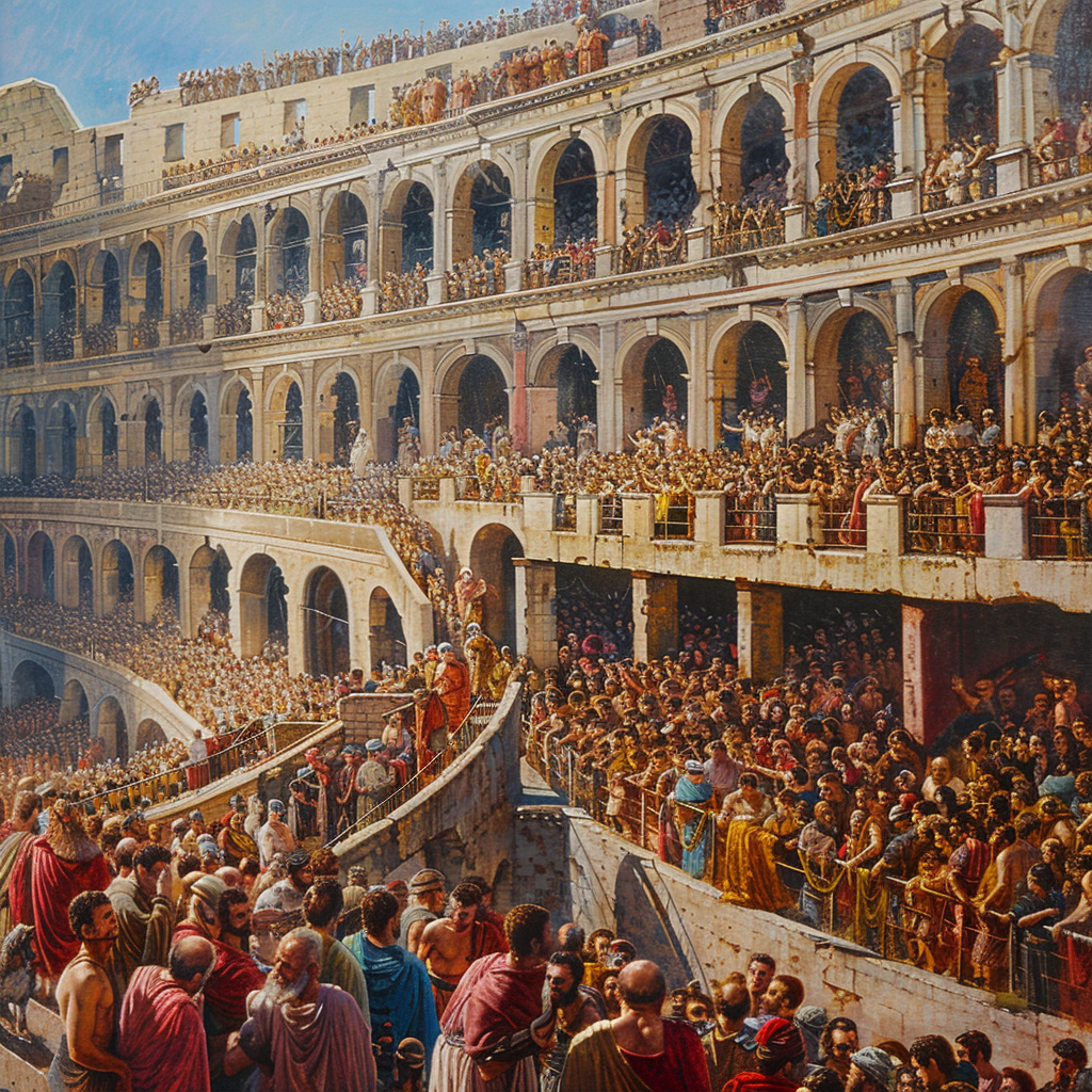 Oil painting of Roman Coliseum with diverse spectators.