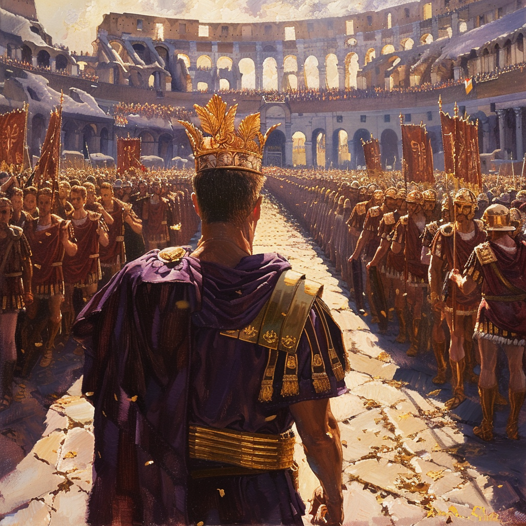 Oil painting of Roman emperor entering Coliseum, majestic scene.