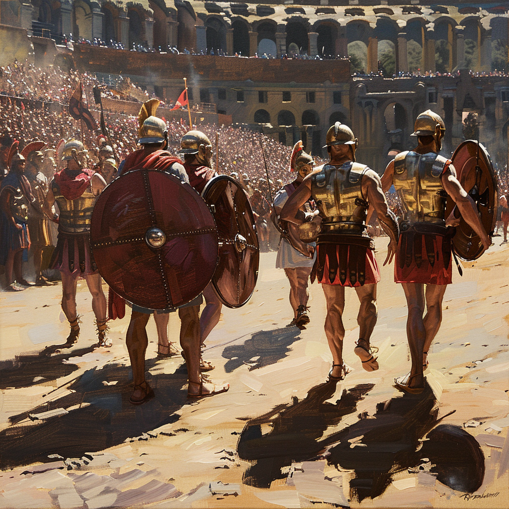 Oil painting of Roman gladiators entering arena. Spectators watch.