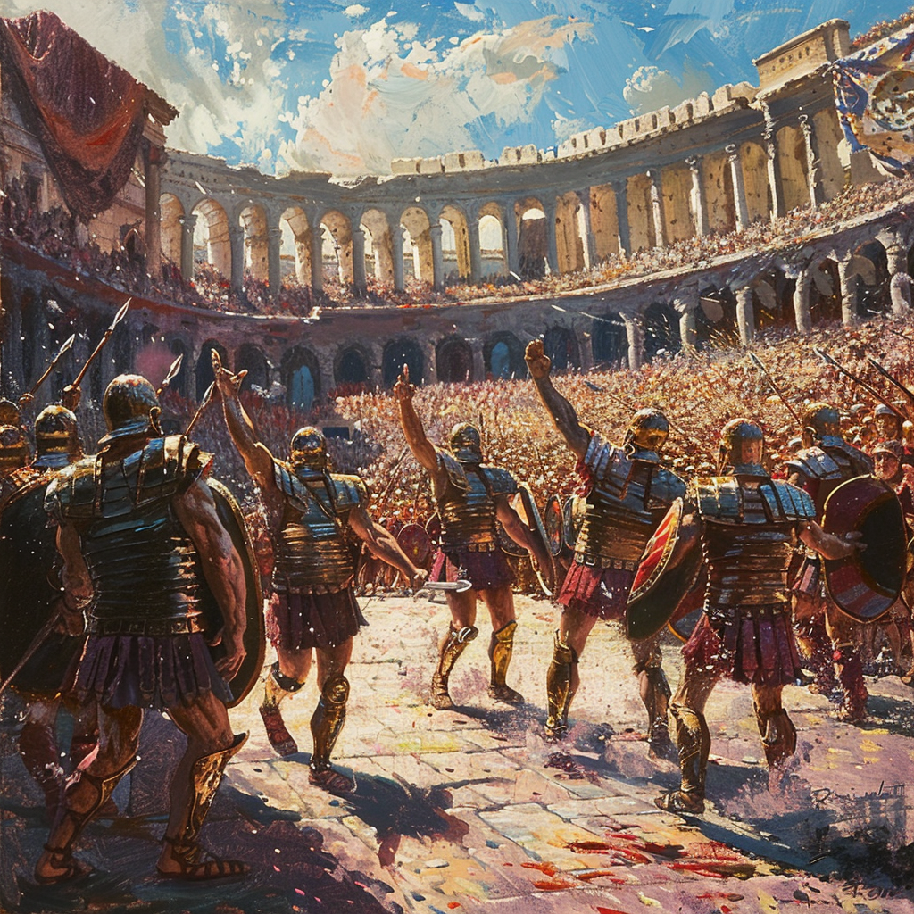 Oil painting of Roman gladiators in arena, crowd cheers.