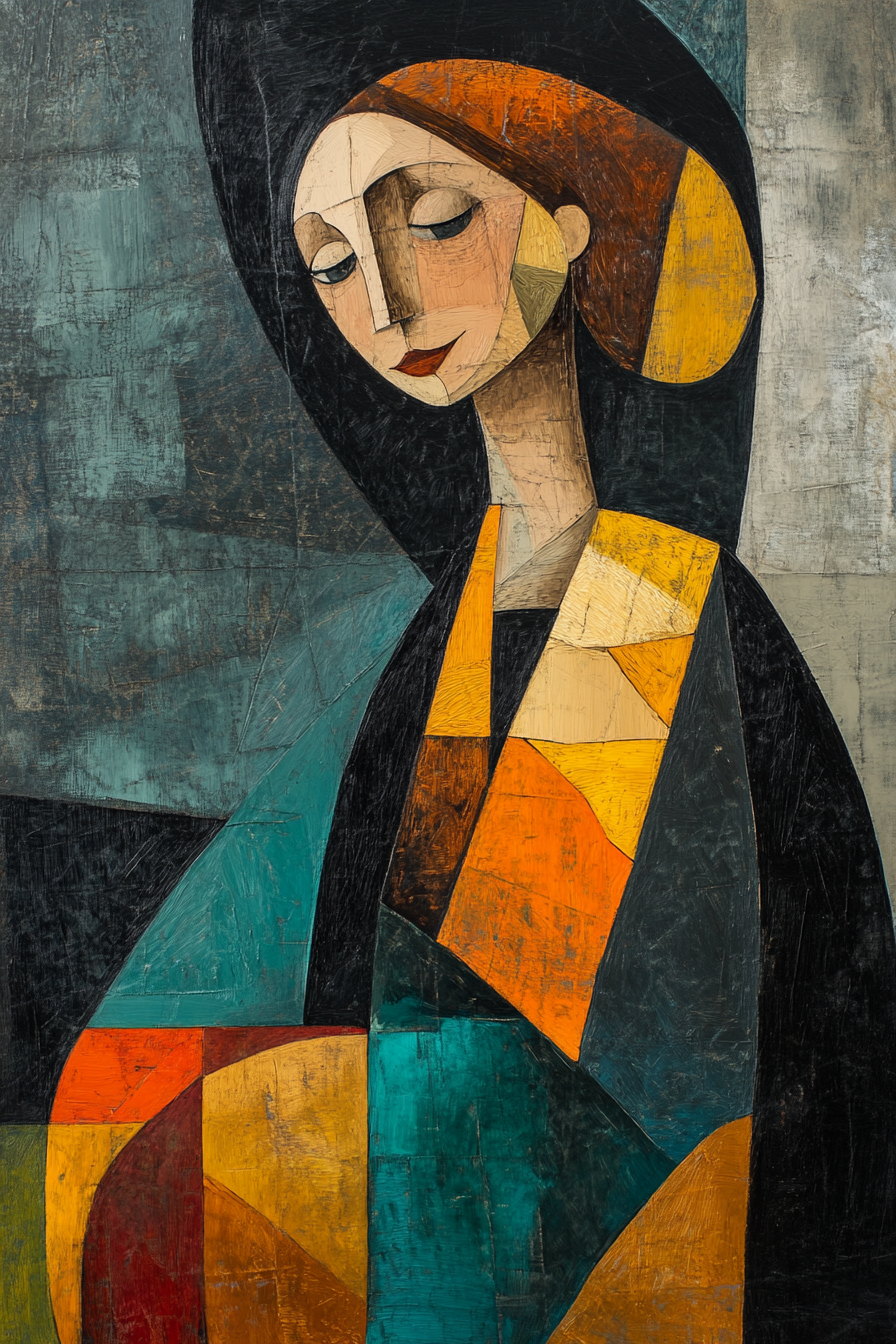 Oil painting of a woman with abstract features.