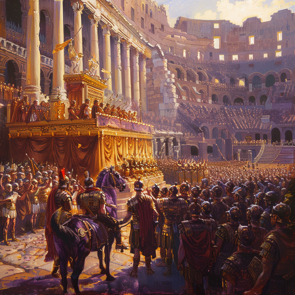 Oil painting of emperor's grand entrance into Roman Coliseum.