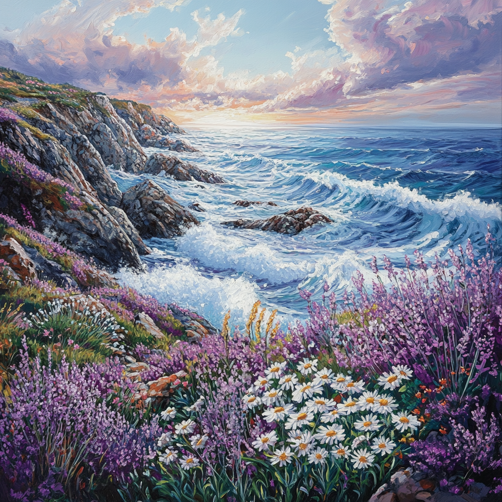 Oil painting of rocky coast, flowers, crashing waves, dramatic sky.