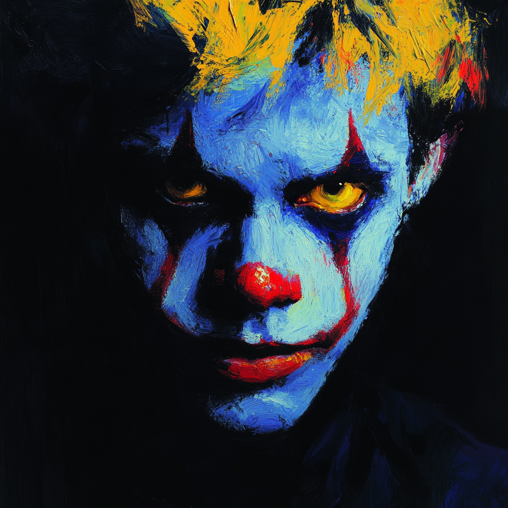 Oil painting of sad young man with clown makeup