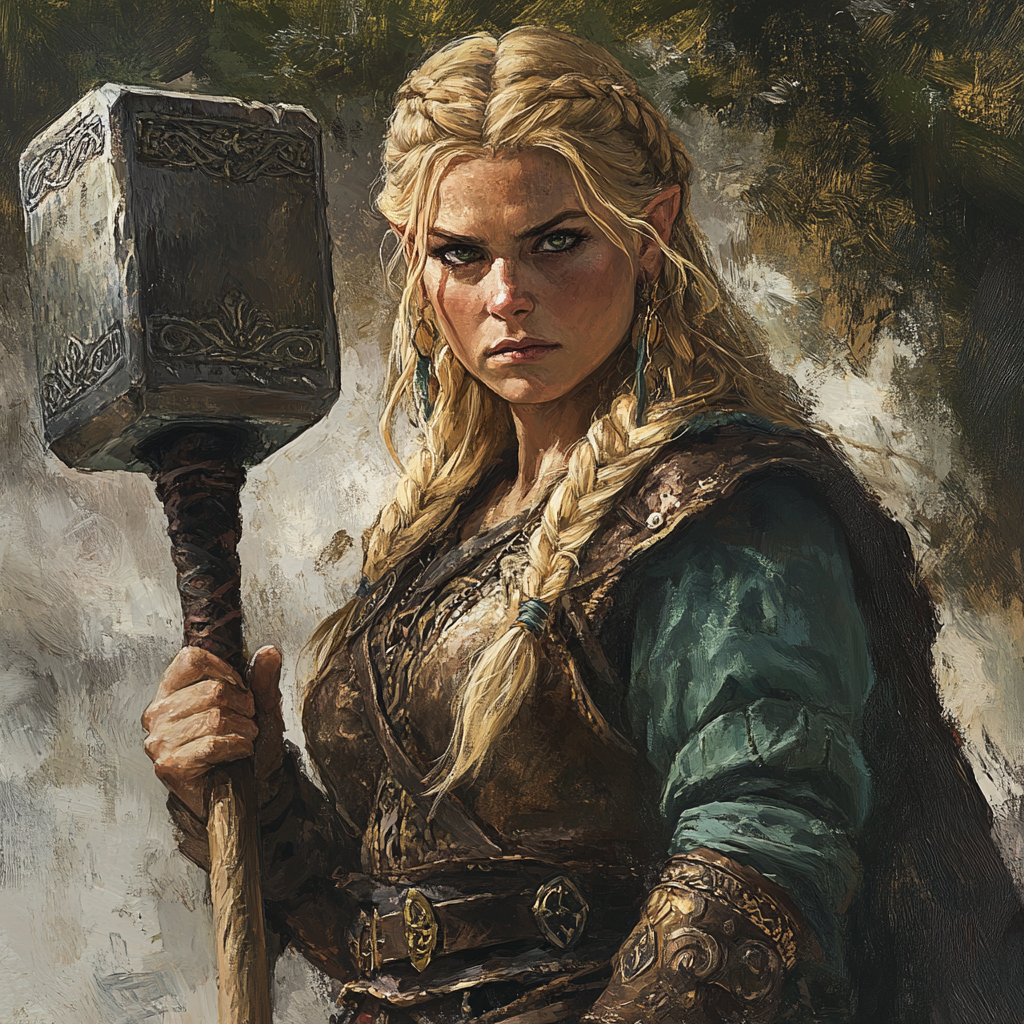 Oil painting of shield maiden dwarf cleric warrior.