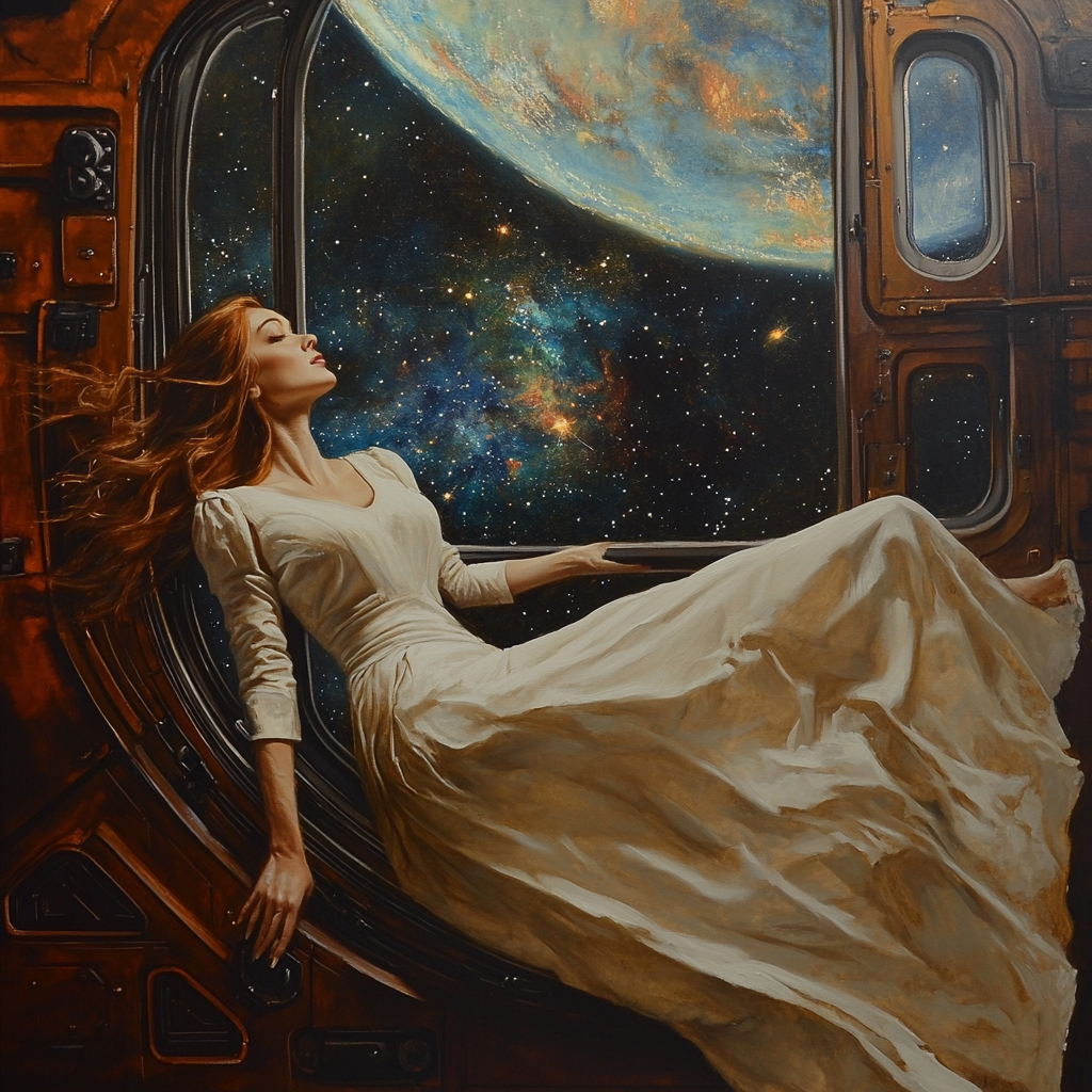 Oil painting of woman floating in space station habitat.