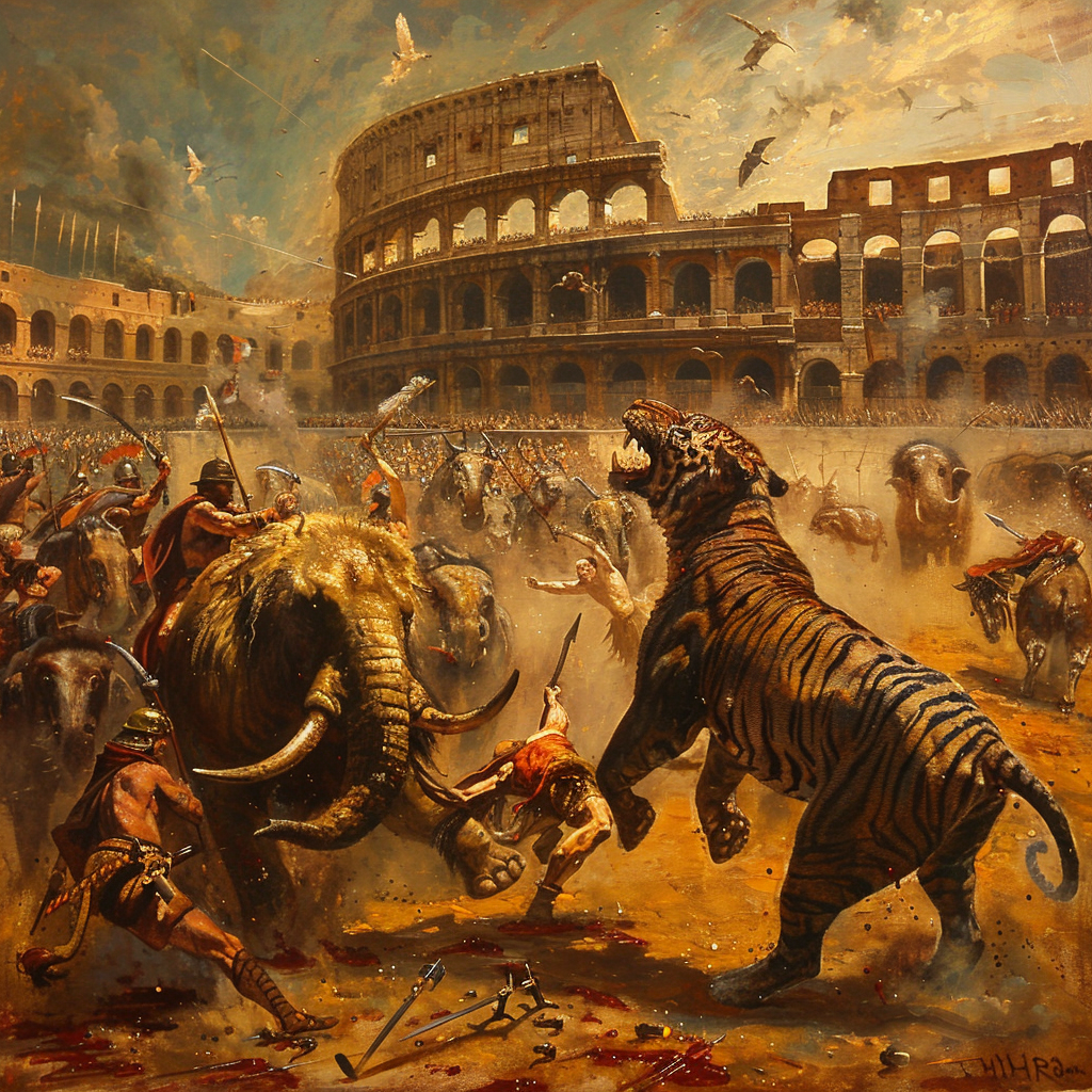 Oil painting shows exotic animals, Roman hunters battling.