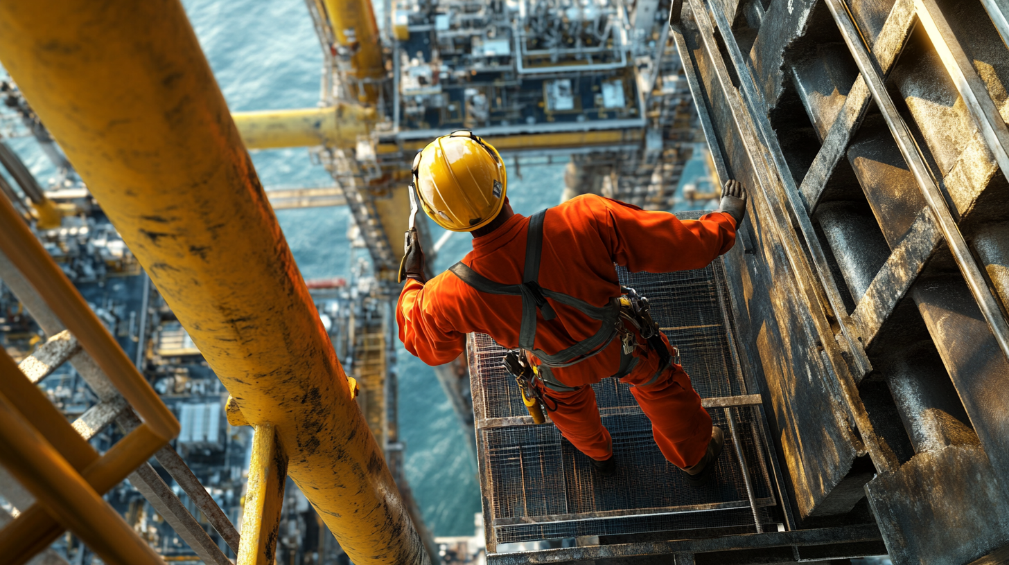 Oil rig worker looking at camera, isolated pose.