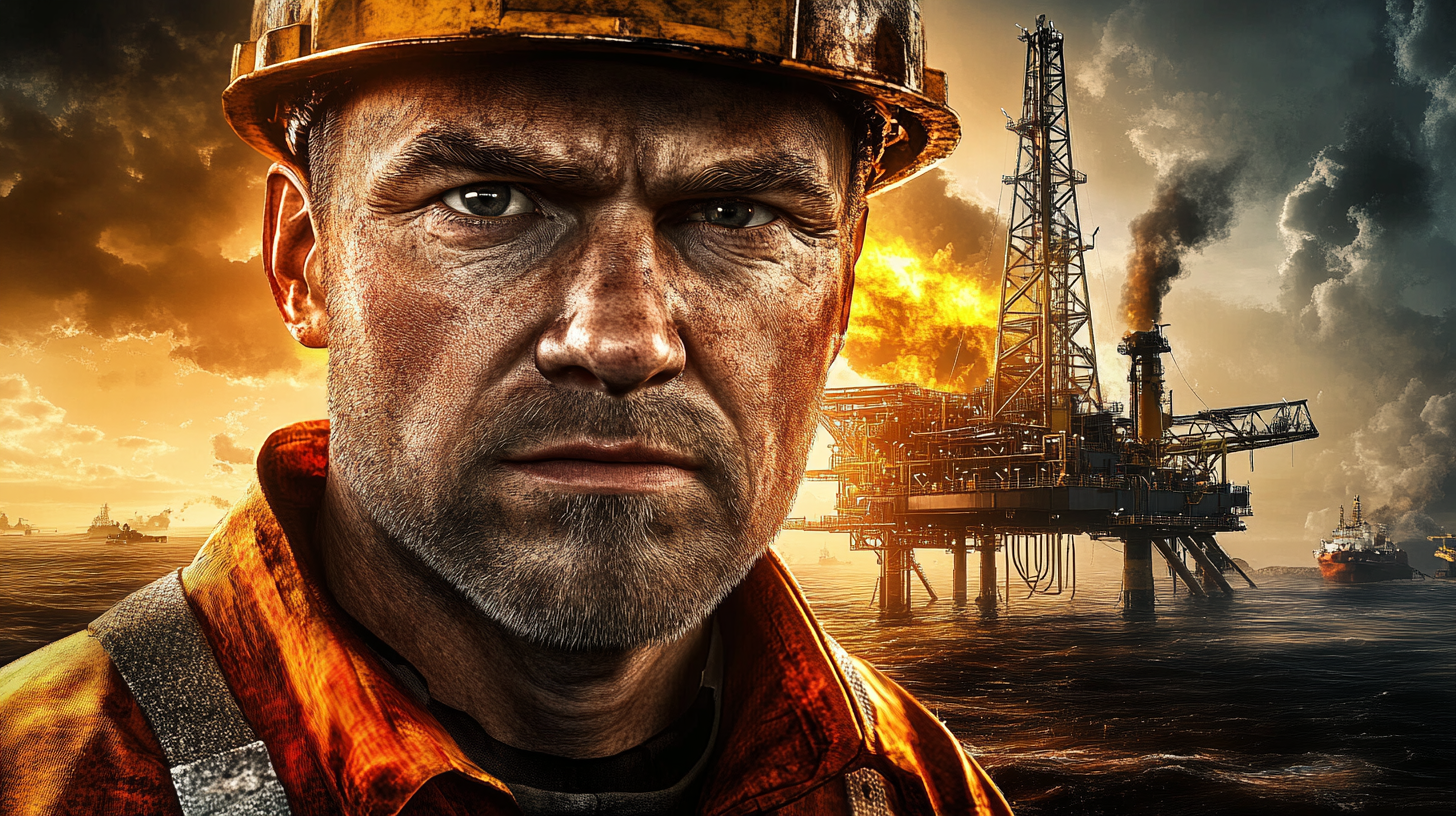 Oil rig worker on game cover, realistic 3D art.