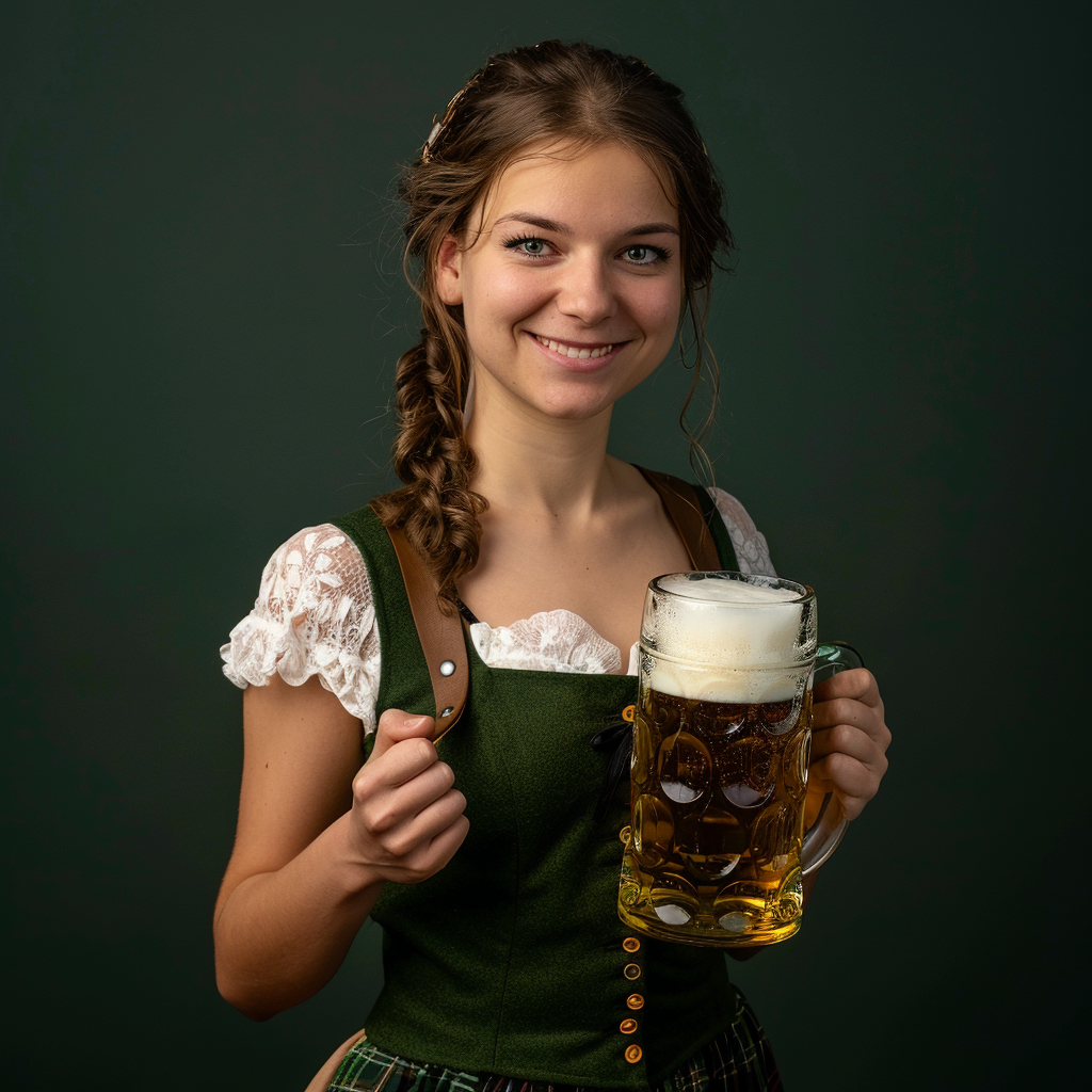 Oktoberfest Woman in Green Dirndl Holding Beer