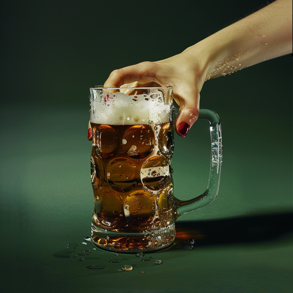 Oktoberfest beer mug on cold ground, woman's hand