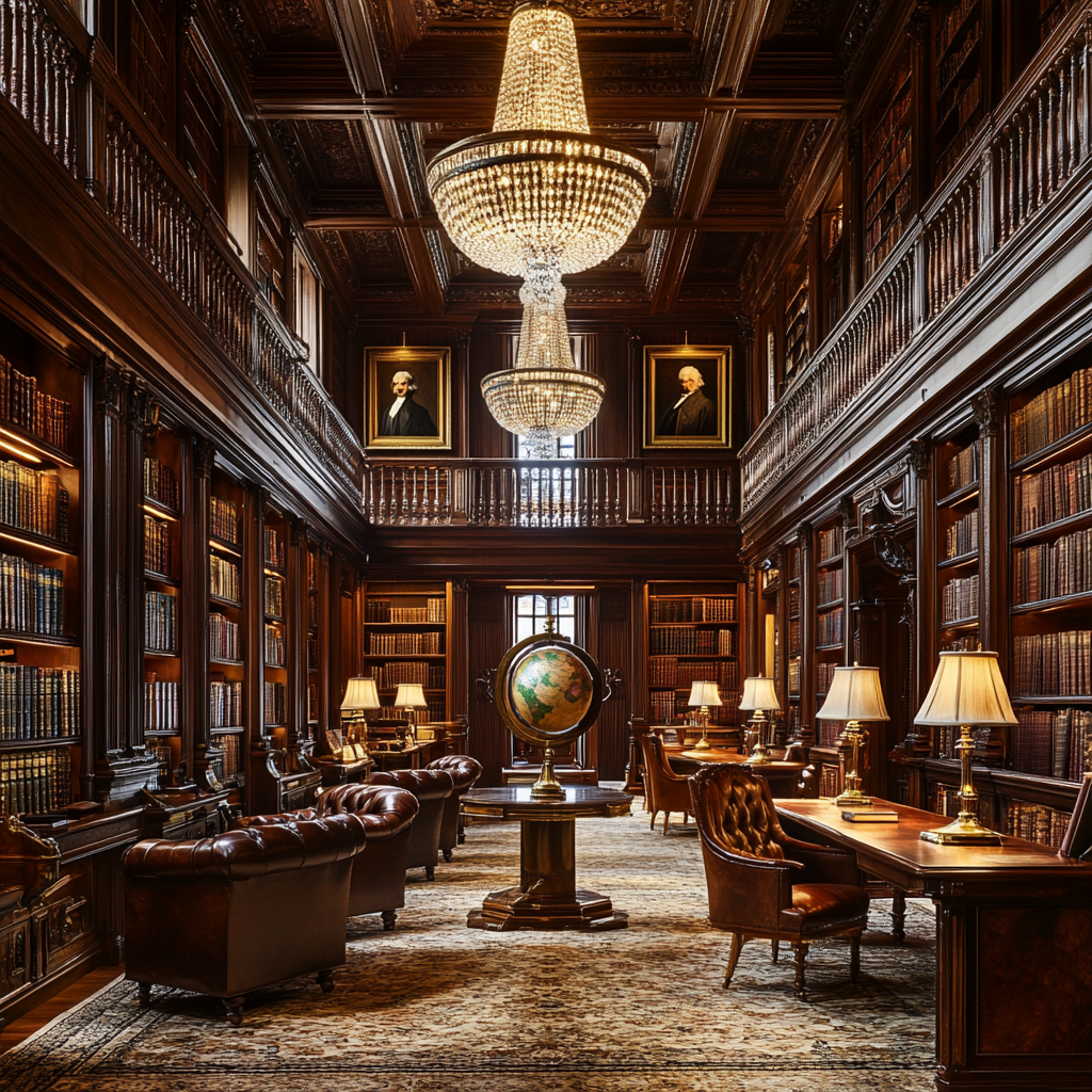 Old, elegant library with dark wood walls, leather books.