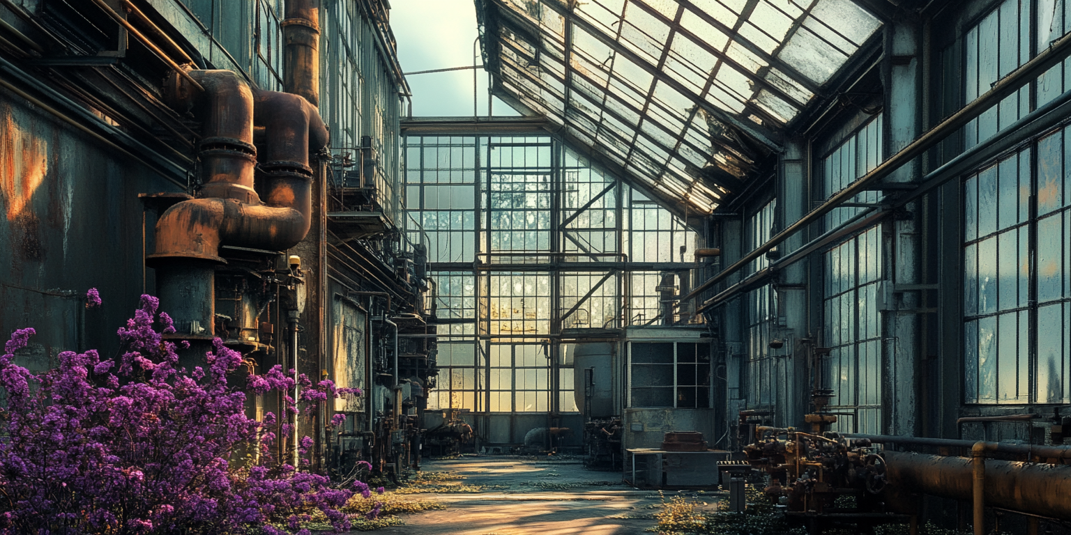 Old, rusted industrial building with colorful flowers inside.