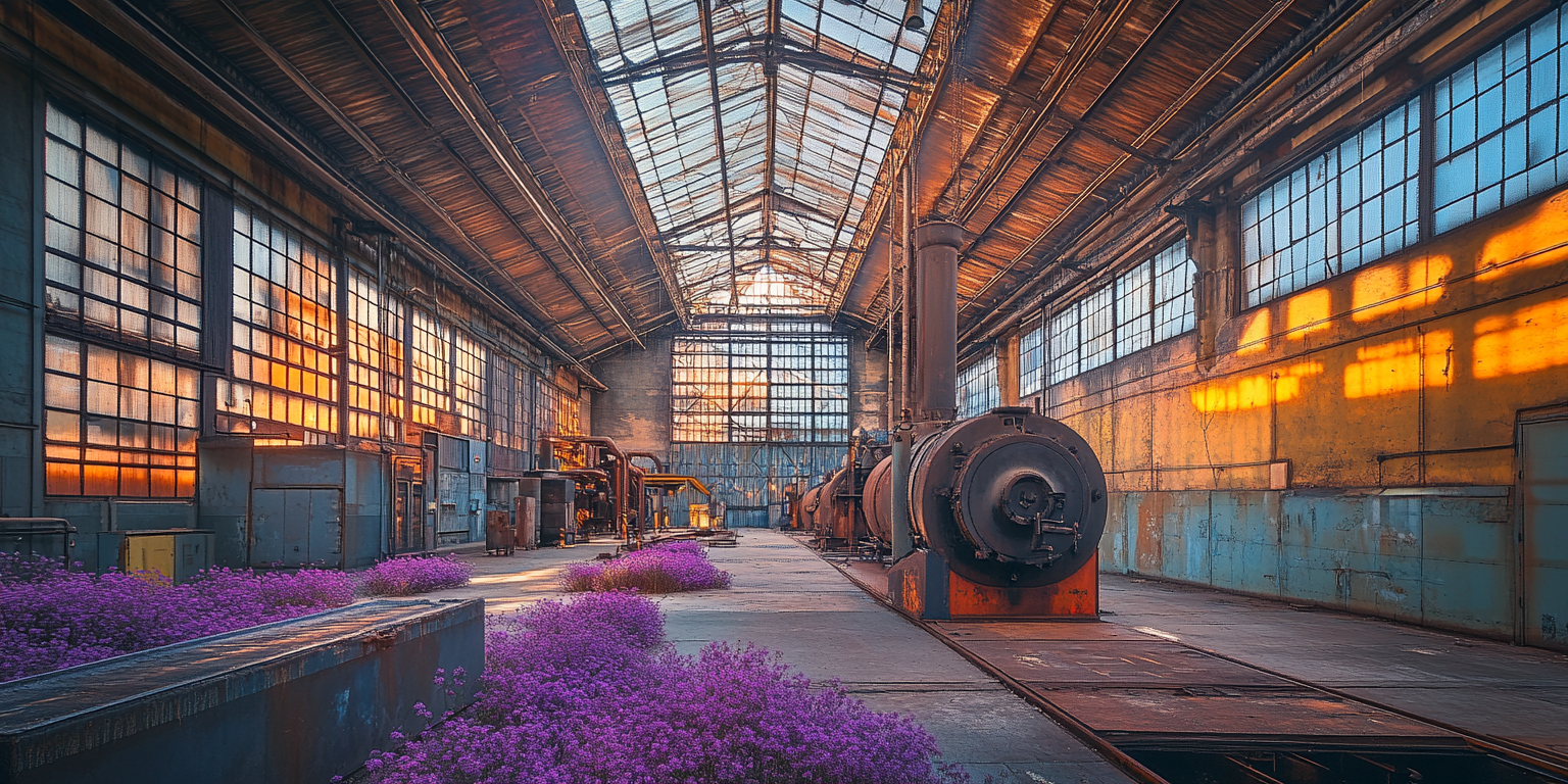 Old, rusty industrial building with colorful flowers inside.