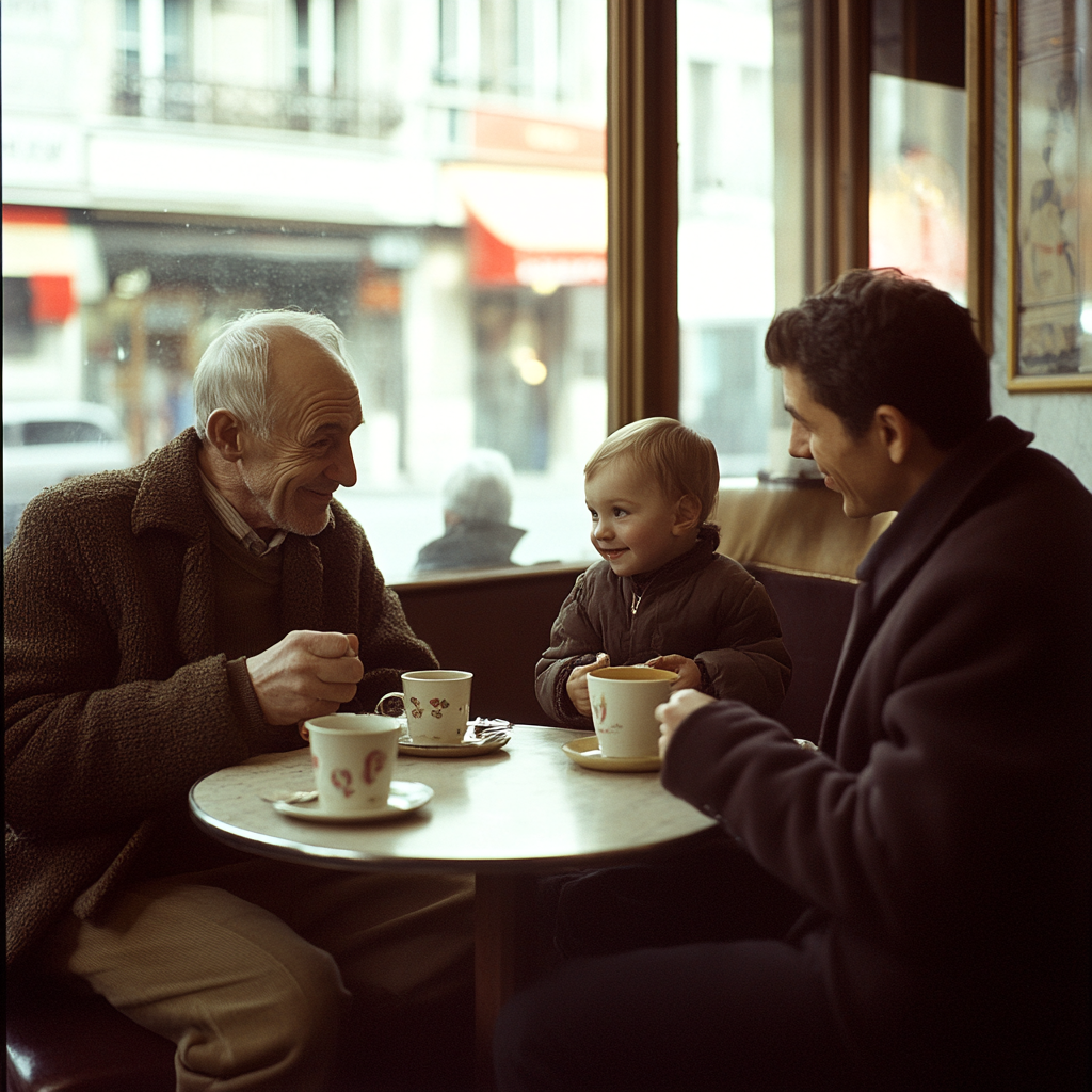 Old, young, and toddler discussing philosophy in Paris café.