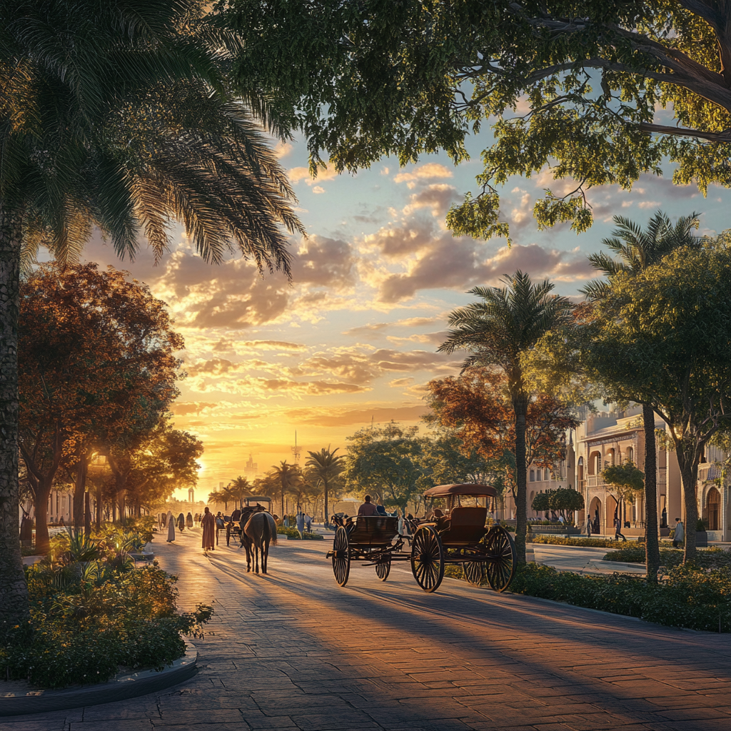 Old Abu Dhabi city view, horse carriages, camel carriages.