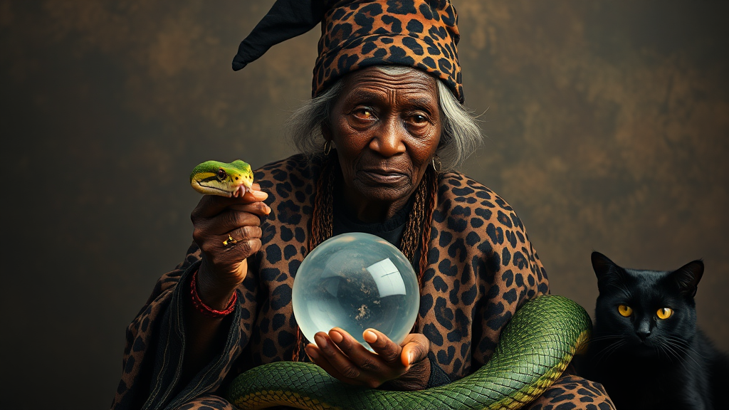 Old African granny witch with leopard skin, crystal ball.