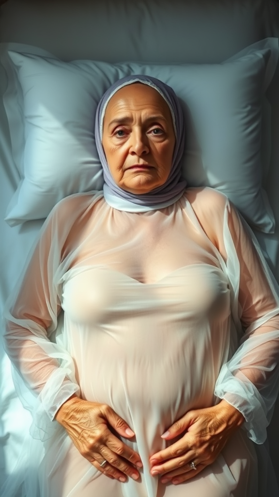 Old Bulgarian Woman Resting in Transparent Gown