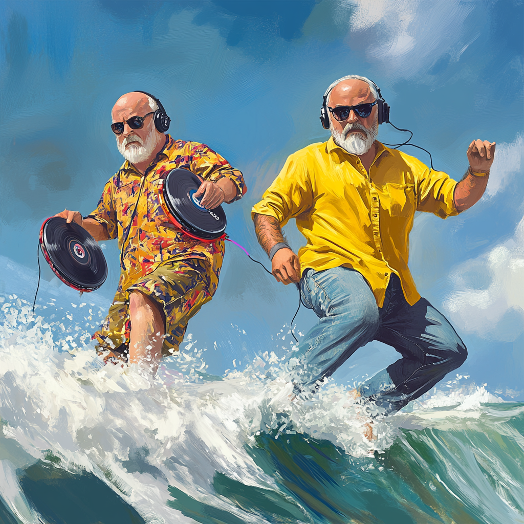 Old DJs with albums surfing wave in Malibu.