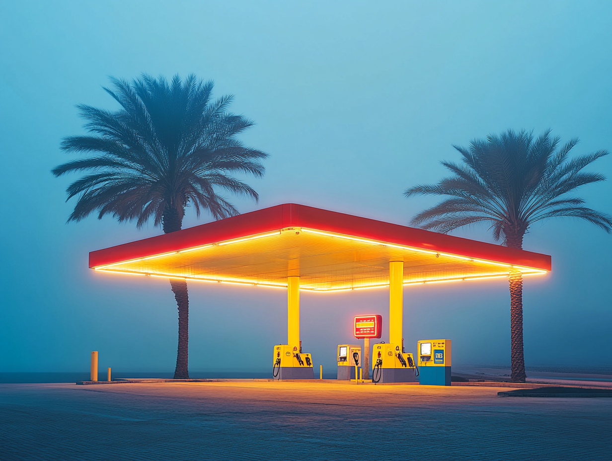 Old Gas Station by Sea with Palm Trees