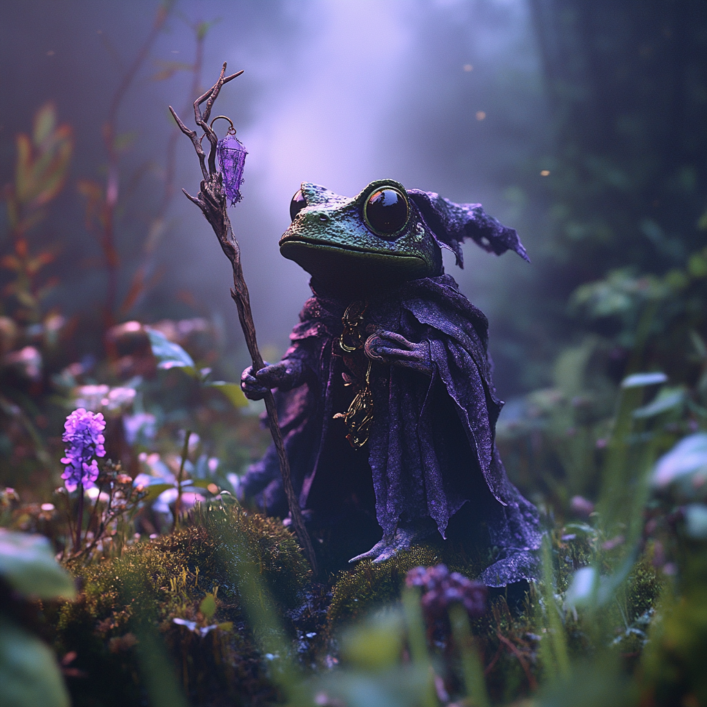 Old Japanese wooden frog wizard puppet in misty bog.