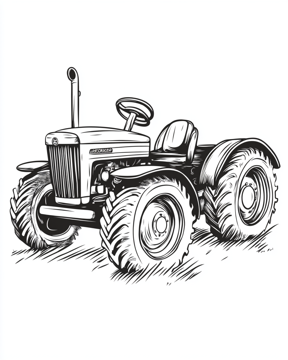 Old MacDonald drives a tractor in a coloring page.