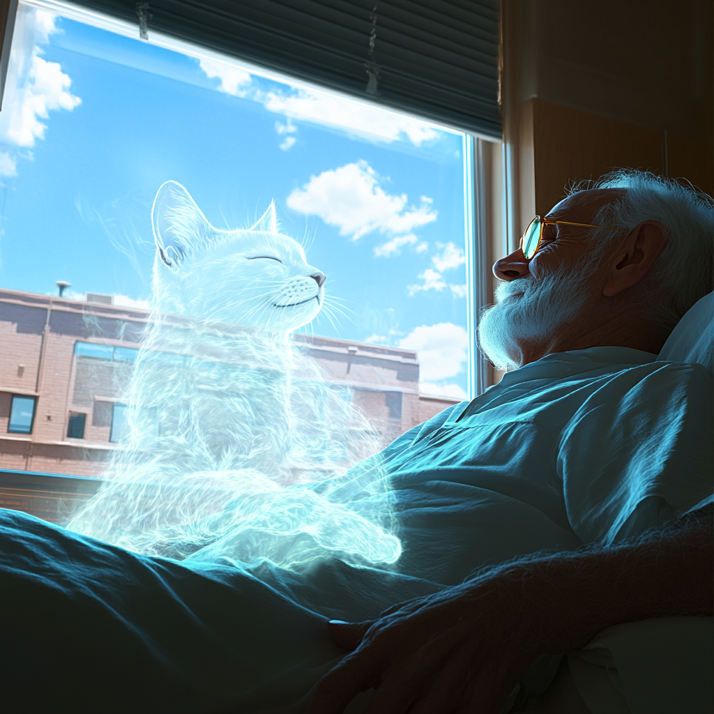 Old Man and Happy Cat in Sunny Room